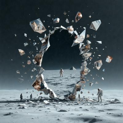 The primary subject of the image is a man standing on a rocky surface, possibly on the moon. The setting is a dark, starry sky, which adds to the overall mood of the scene. The visual style of the image is a combination of photo and digital art, creating a unique and intriguing atmosphere. The colors in the image are predominantly dark, with the man and the rocky surface being the main focus, while the starry sky adds a sense of depth and mystery to the scene.